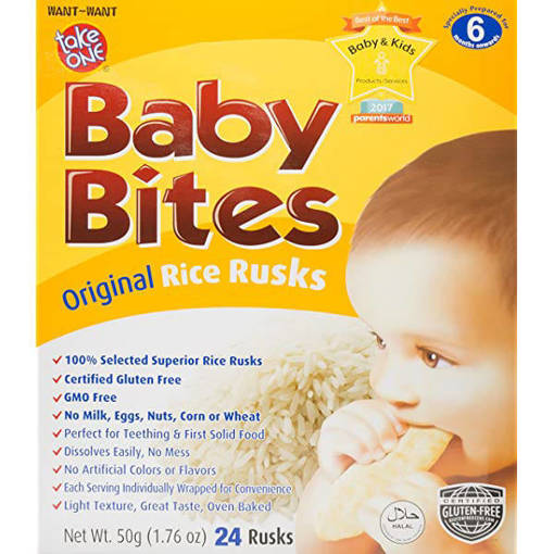 Picture of GB -B - BABY BITES ORIGINAL RICE RUSKS (HALAL) 50G PER BOX (24 RUSKS)